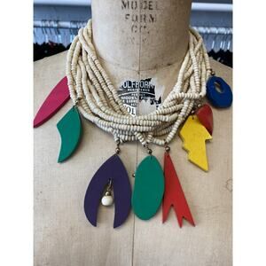 vintage 1980s statement novelty beaded necklace geometric rainbow 80s bib art